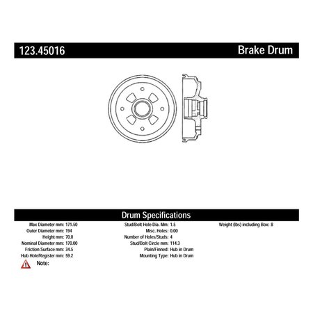 Centric Parts Standard Brake Drum, 123.45016 123.45016